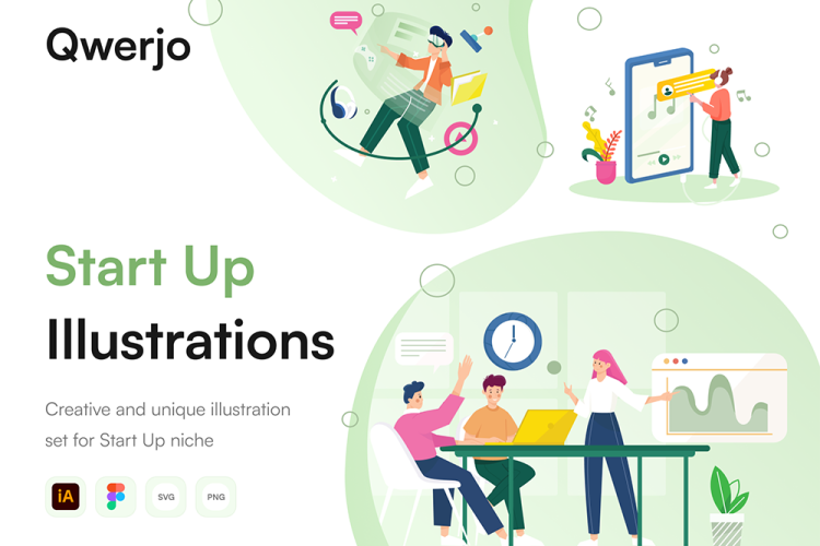 Qwerjo – Start Up Illustartion Kit 10幅扁平化手绘人物商业合作团队协作场景矢量动态插画Ae模板源文件设计素材