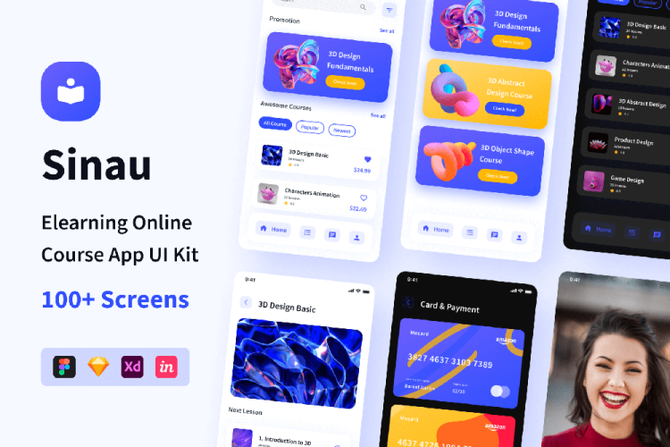 Sinau – Elearning Online Course App UI Kit 106屏在线教育学习电子网络课程应用app界面设计蓝色ui套件模板