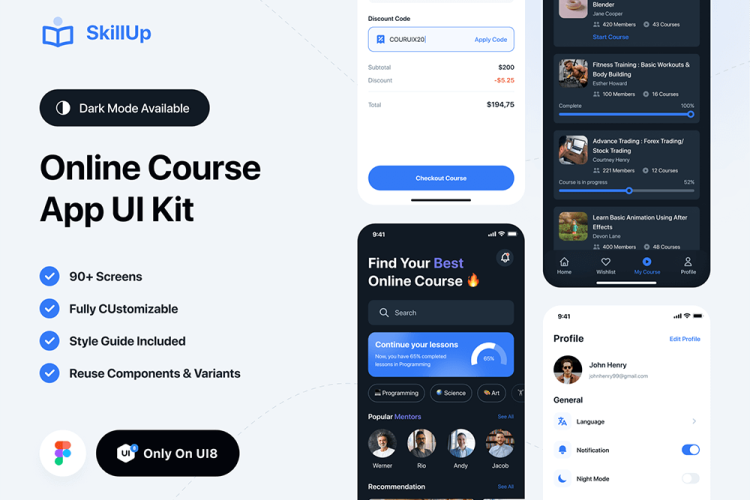 SkillUp – Online Course App UI Kit 96屏在线课程应用程序app界面设计明暗主题 UI 套件