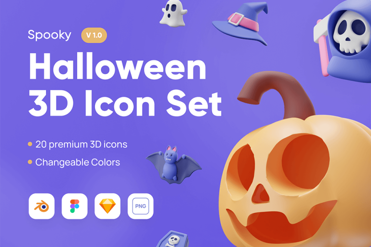 Spooky – Halloween 3D Icon Set 20款3D万圣节主题恐怖元素icon图标png免抠图设计素材