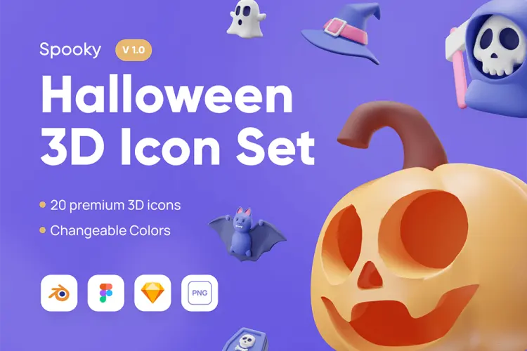Spooky – Halloween 3D Icon Set 20款3D万圣节主题恐怖元素icon图标webp免抠图设计素材