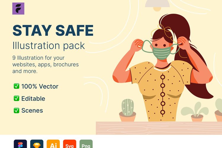 Stay Safe Illustrations 9张疫情防控插画设计彩色人物插画图片