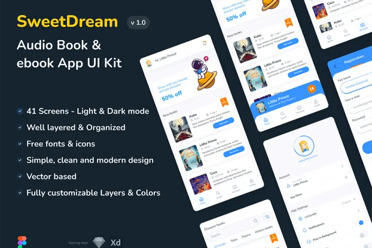 Sweet Dream – Audio Book & ebook App UI Kit 42屏有声读物和电子书应用程序明暗模式 UI 套件