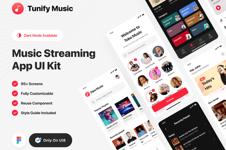 Tunify – Music Streaming App UI Kit 100屏移动音乐流媒体播客主播社交app界面设计明暗ui套件模板