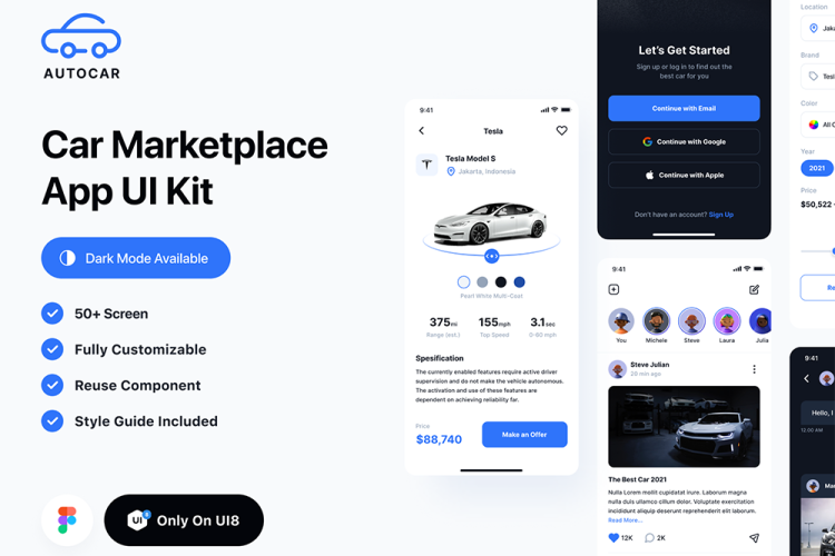 Autocar – Car Marketplace App UI Kit 50屏国外手机汽车市场售车平台app界面设计ui套件明暗模板