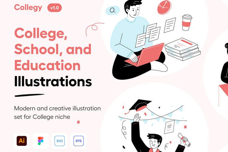 Collegy – College & Education Illustration Set 12幅大学生活人物插画设计图片Ai文件下载
