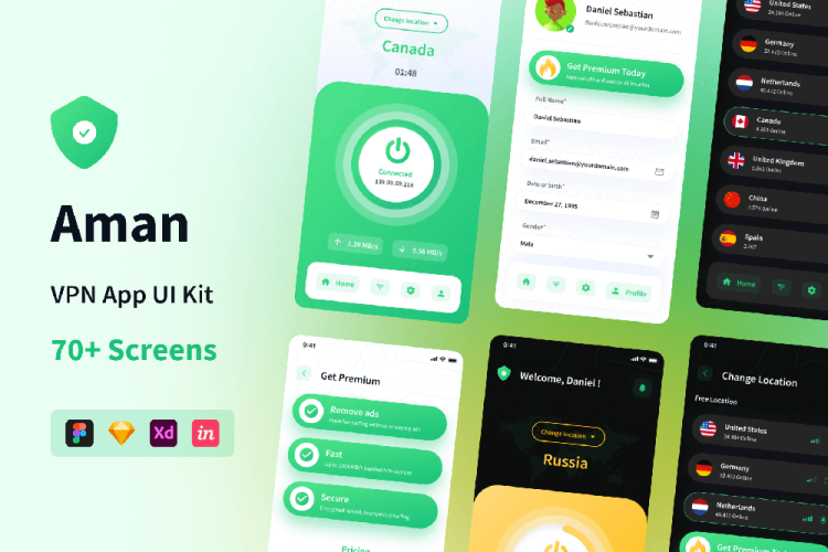 Aman – V P N App UI Kit 移动网络代理手机app界面设计高品质sketch模板