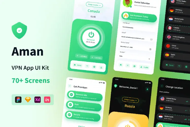 Aman – V P N App UI Kit 移动网络代理手机app界面设计高品质sketch模板