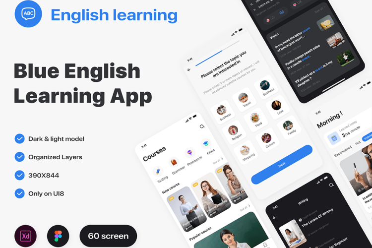 Blue english learning app 60款在线英语学习iOS/android手机app应用程序设计模板IU套件