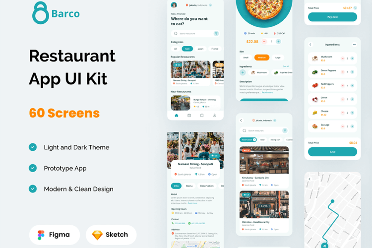 Restaurant Food App UI Kit 60屏美食外卖在线订餐配送app界面设计ui套件明暗模板