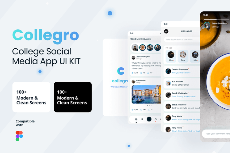 Collegro – A College Social Media App UI Kit 100多屏大学社交媒体应用程序明暗模式 UI 套件