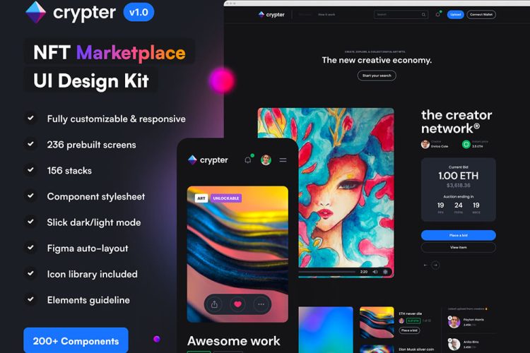 Crypter – NFT Marketplace UI Kit 响应式应用市场用户界面自适应ui设计模板套件下载