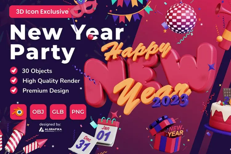 New Year 3D Icon Pack 3D立体卡通新年节日派对庆典跨年礼物盒插画图标webp免抠图片素材