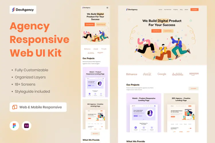 DevAgency – Web Ui Kits 数字代理创意代理企业网站设计的 Web & Mobile Ui 套件