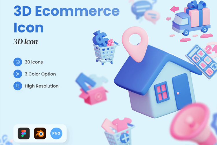 E-Commerce 3D Icons 30个3D立体高清电商购物透明背景icon图标png免抠图设计素材