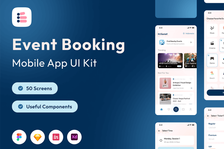 Evento – Event Booking Apps UI KIT 线下社交娱乐活动组织预订手机app界面设计UI套件模板