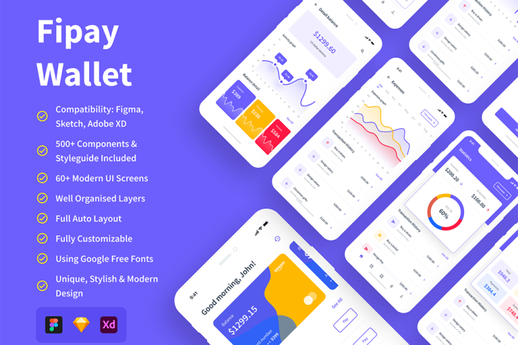 Fipay Wallet Mobile App UI Kit 手机银行金融移动应用电子支付数字钱包app设计UI套件模板