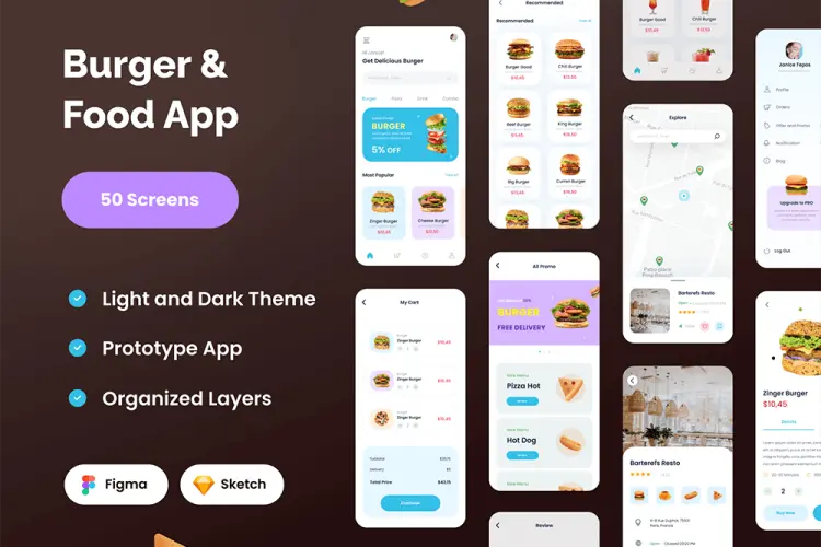 Food Burger App 50张精美的餐厅美食app界面UI设计素材