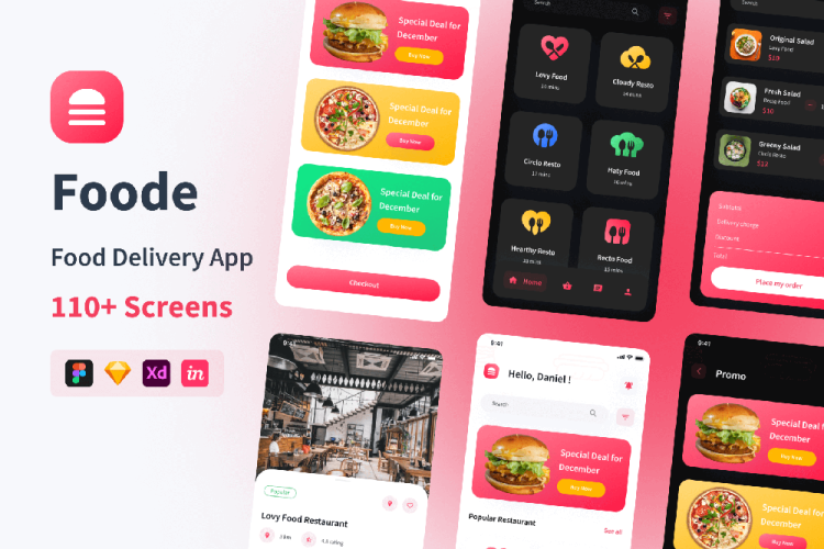 Foode – Food Delivery Mobile App UI Kit 高质量移动美食预订外卖送餐app组件界面设计明暗UI套件模板