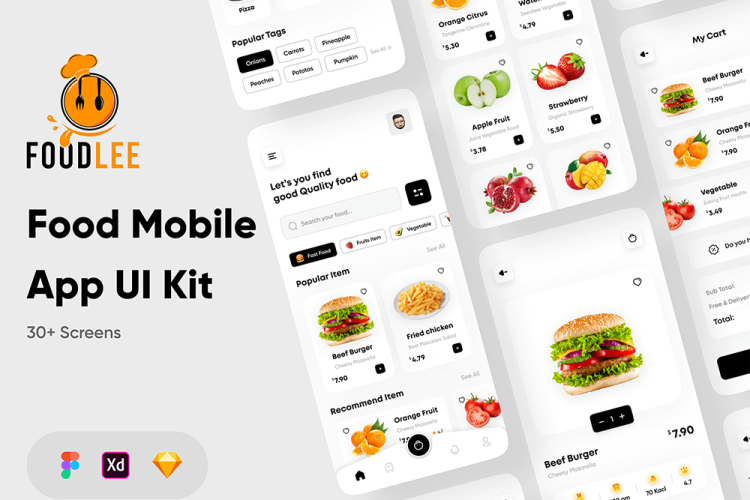 Foodlee – Food Mobile App UI Kit 现代创意外卖预订配送移动app界面设计iOS/安卓应用UI套件模板