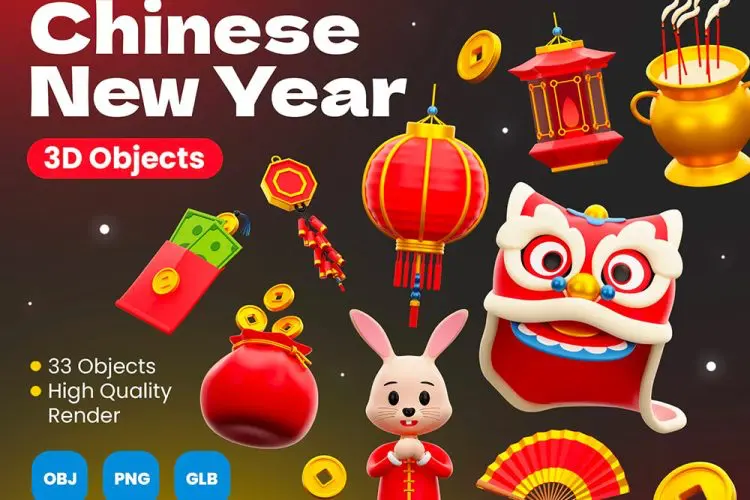 Chinese New Year 3D Icons 100款3D卡通兔年春节元宵中国新年插图插画webp免抠图片设计素材