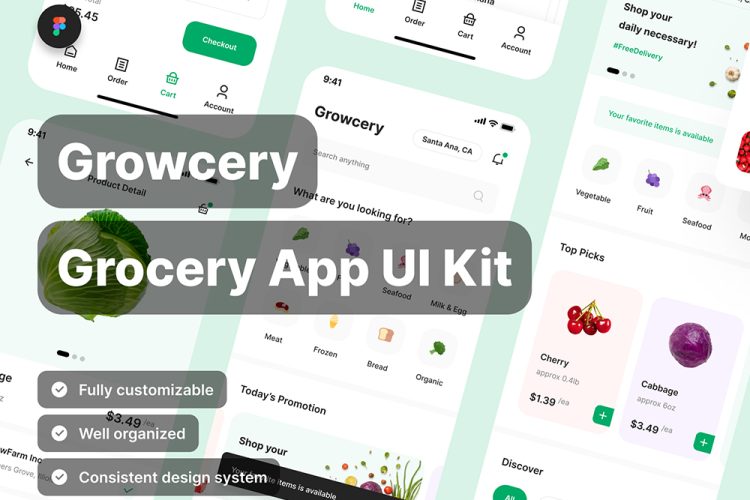 Growcery – Grocery App UI Kit 生鲜预订电商手机app设计图模板套件
