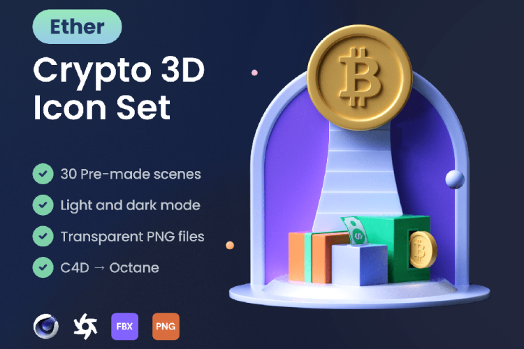 Ether – Crypto 3D Icon Set 30款以太加密货币金融区块链营销演示场景3D图标icon素材C4D源文件