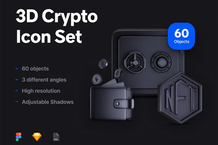 3D Crypto Icon Set 60款暗黑质感金属加密货币金融交易3D立体icon图标webp免抠素材