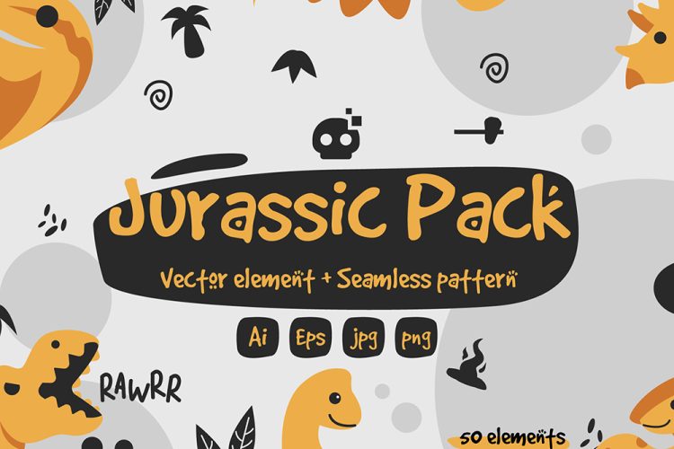 Jurassic Pack Graphic & Pattern Element 可爱的史前侏罗纪矢量元素卡通小恐龙无缝图案背景底纹ai源文件设计素材