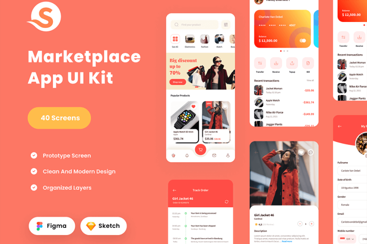 Marketplace E-commerce UI Kit 现代简洁扁平移动电商app设计手机iOS商城UI套件模板