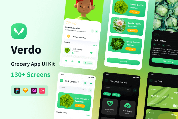 Verdo-Grocery App Ul Kit 130+移动社区团购蔬果配送电商手机app组件界面设计绿色UI套件模板