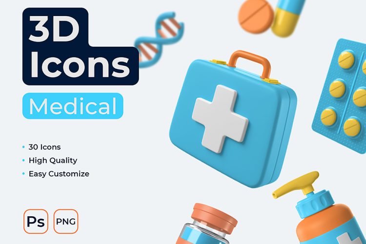 Medical 3D Icons 30款医疗保健医药卫生防护医院防疫卡通3D图标ps设计素材源文件