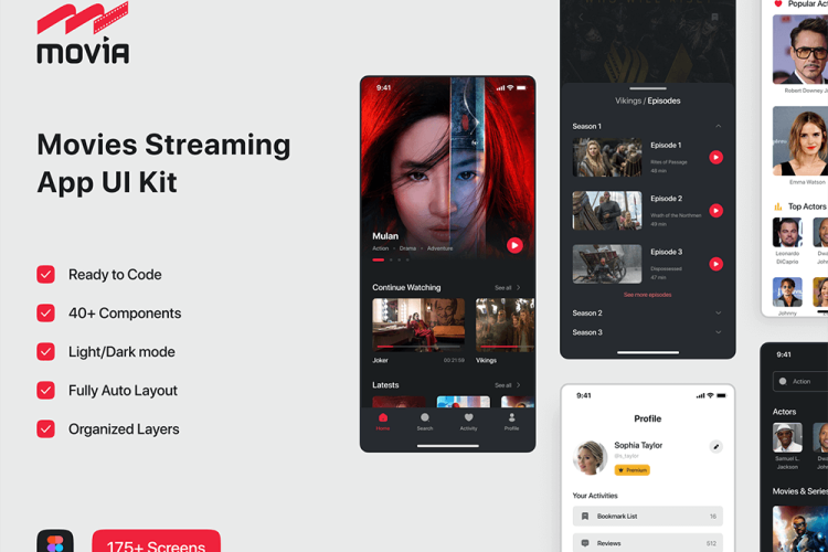 Movia – Movies Streaming App UI Kit 175屏电影流媒体在线影院app界面设计红色UI套件国外设计素材