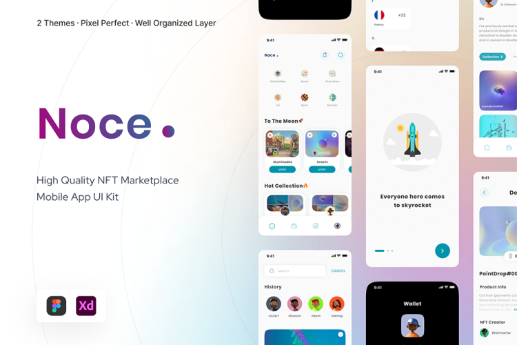 NFT Noce – NFT Mobile App Marketplace Store 130屏国外NFT市场虚拟物品商店应用app界面设计明暗UI套件设计素材