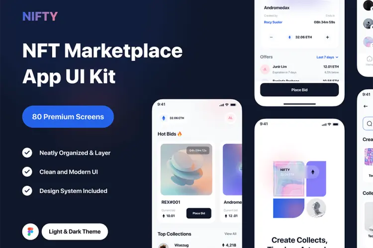 Nifty – NFT Marketplace App UI Kit 80屏国外NFT区块链安全数字加密货币交易app界面设计ui套件明暗模板