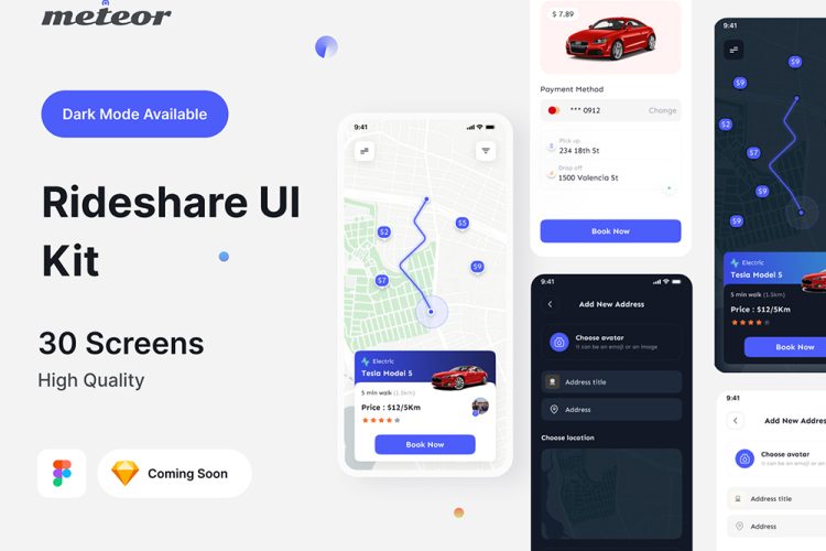 Rideshare UI Kit 打车拼车移动应用程序UI套件 网约车手机app界面设计