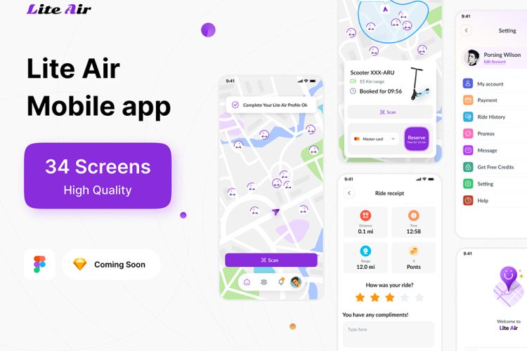 Scooter booking app 34屏踏板车预订Figma应用程序app UI