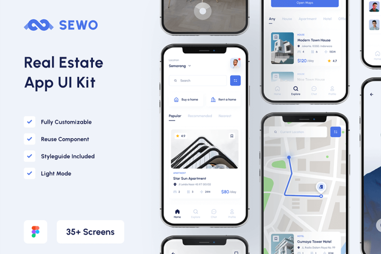 Sewo – Real Estate Mobile App UI Kit 30屏国外房地产租房买房在线看房app界面设计ui套件模板