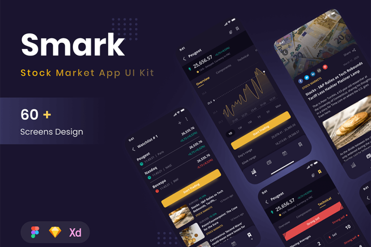 Smark – Stock Market App UI Kit 股票交易股市分析金融新闻资讯技术分析app设计UI套件模板