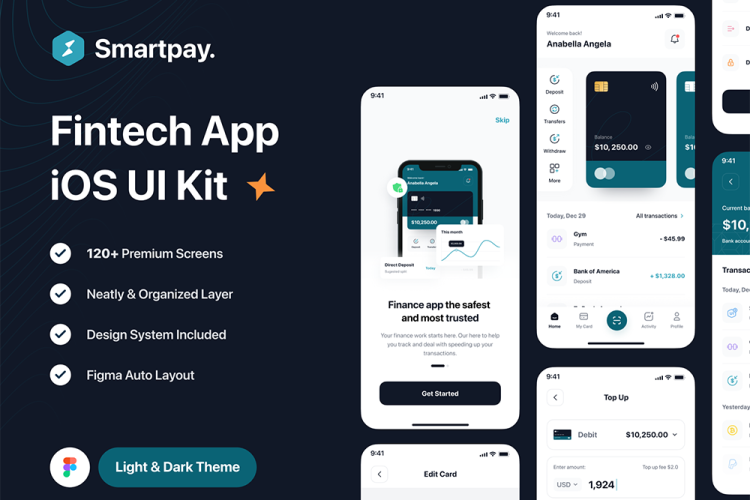 Smartpay – Fintech App iOS UI Kit 120+金融科技财务管理移动app设计iOS用户界面明暗ui套件