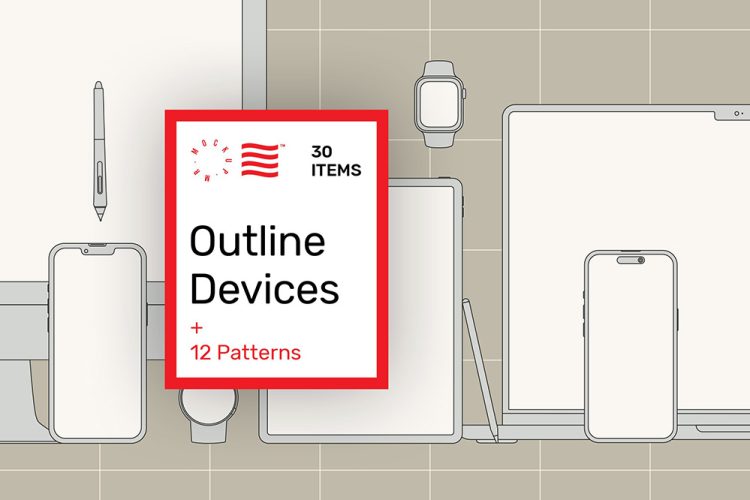 Outline Device Mockups – Vector Pack 30款极简智能电脑笔记本手表平板屏幕UI界面APP设计展示AI矢量轮廓样机