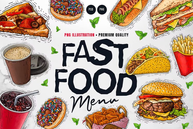 Fast food Menu Illustration 10幅西式快餐菜单海报插图插画图片png免抠图国外设计素材