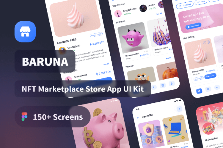 Baruna – NFT Marketplace Store App UI Kit 150屏国外NFT市场虚拟物品商店应用app界面设计明暗UI套件设计素材