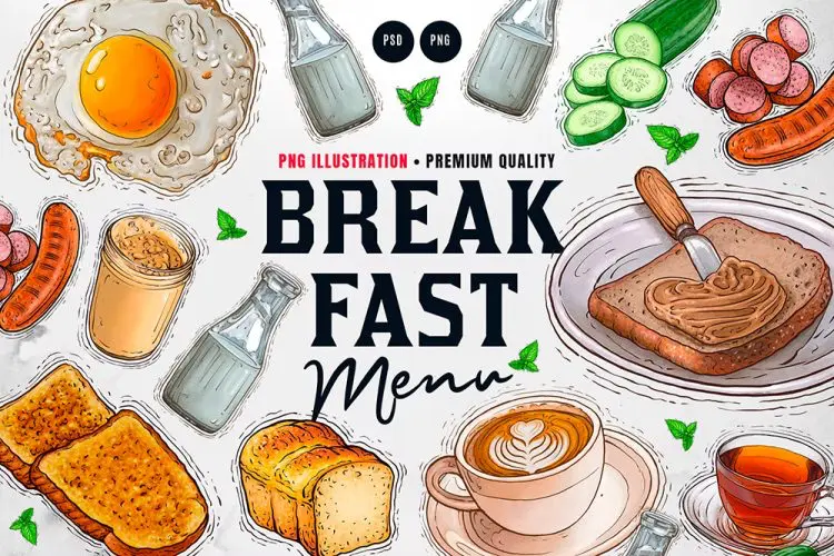 Breakfast Menu Illustration 10张西式早餐元素菜单插图插画图片webp免抠图国外设计素材