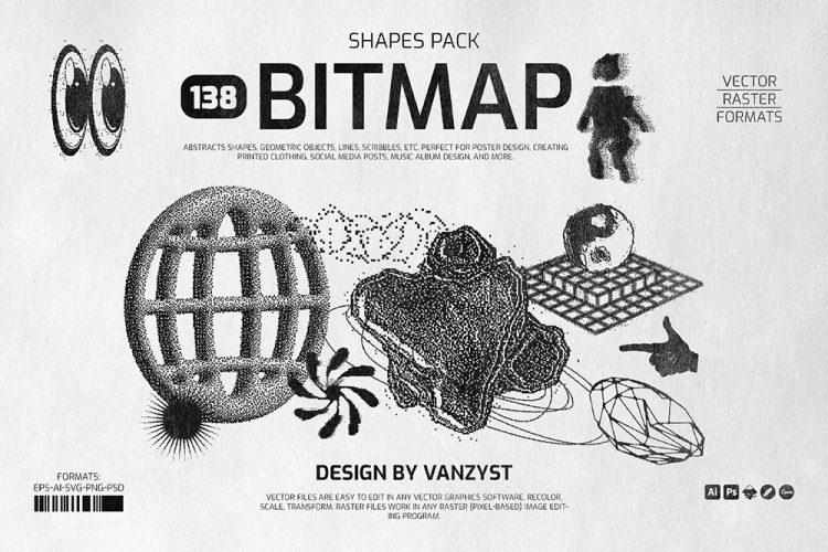 138 Bitmap Vector Shapes Pack 138款复古街头潮流酸性像素抽象几何艺术潮牌创意图形ai设计素材