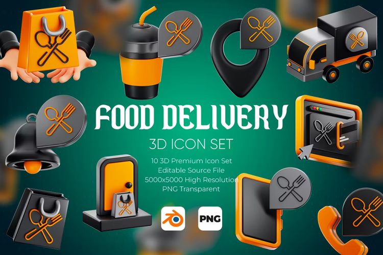 Food Delivery 3D Icon Set 10款美食外卖定位送餐物流配送3D图标icon素材png免扣图片