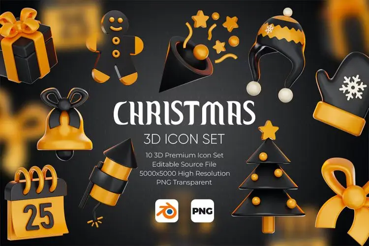 Christmas 3D Icon Set 10款圣诞节日派对礼物装饰元素3D图标icon素材webp免扣图片