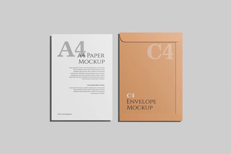 A4 Paper & C4 Envelope Mockup A4纸和C4信封设计贴图ps文具样机素材国外设计模板