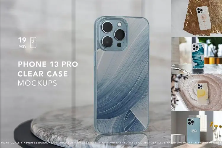 iPhone 13 Pro Clear Case MockUp 苹果iPhone13透明手机壳印花图案设计贴图ps样机素材场景展示效果