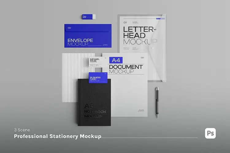 Stationery Mockup 3款质感企业品牌vi文创信纸书籍笔记本文档名片海报文具组合样机